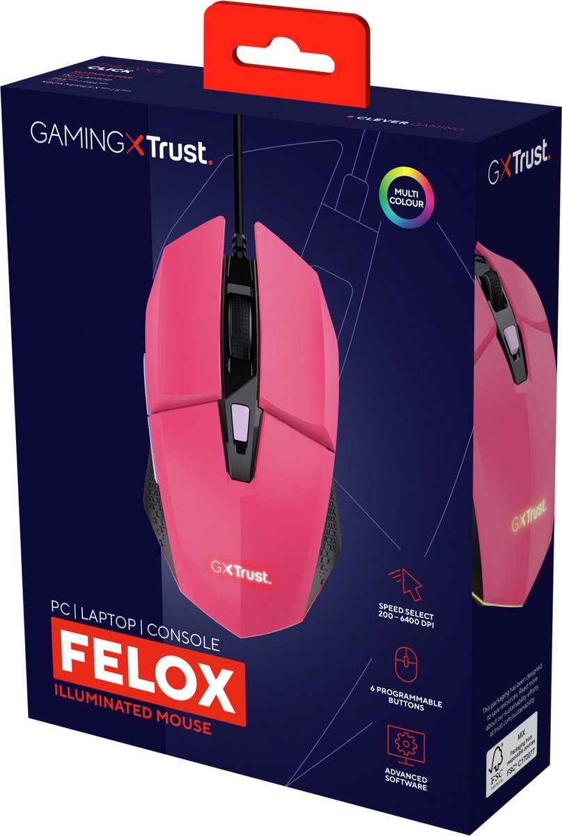 Trust Gxt 109P Felox - Bedrade Gaming Muis - 6400 Dpi - Verlichting - Roze - afbeelding 9