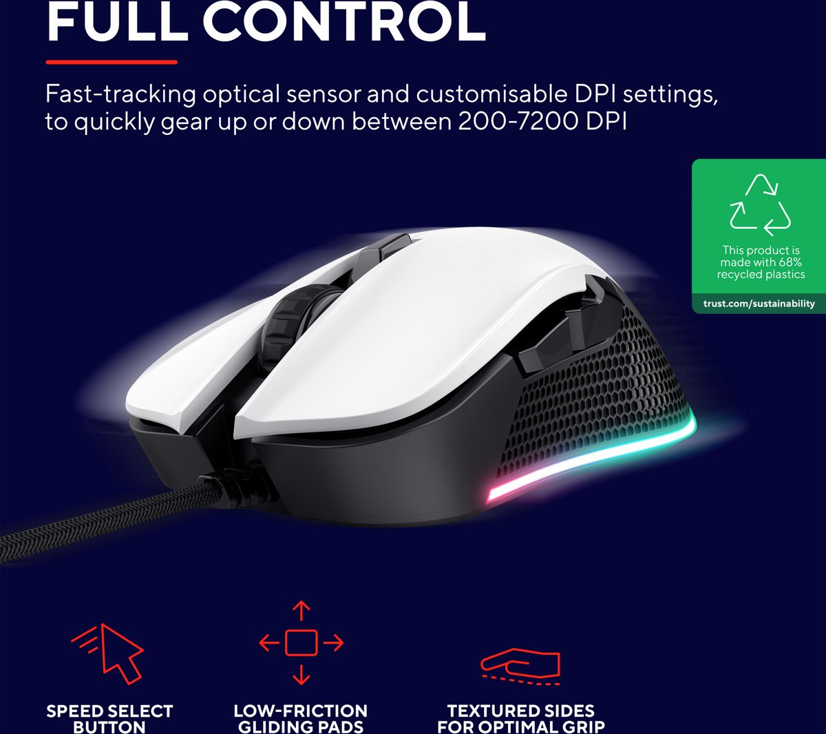 Trust Gxt 922W Ybar Gaming Muis - 7200 Dpi - Rgb Verlichting - Usb Bedrade - afbeelding 5