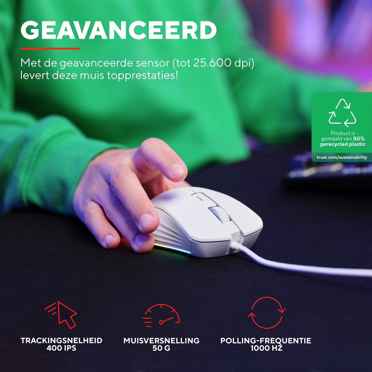 Trust Gxt 924W Ybar+ - Pro Gaming Muis - Rgb Verlichting - 25600 Dpi - Wit - afbeelding 3