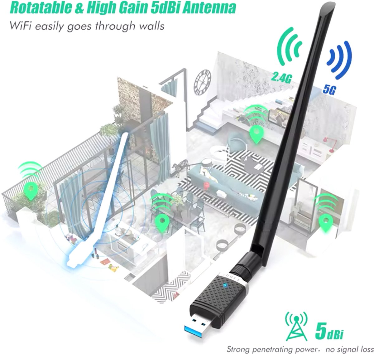 Edup 1300Mbps Wifi Adapter - 2.4Ghz/5.8Ghz Dual Band - Usb 3.0 Draadloze - afbeelding 10