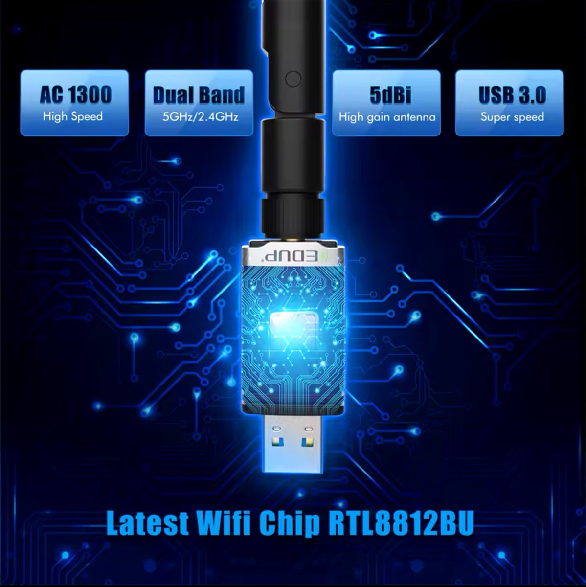 Edup 1300Mbps Wifi Adapter - 2.4Ghz/5.8Ghz Dual Band - Usb 3.0 Draadloze - afbeelding 6