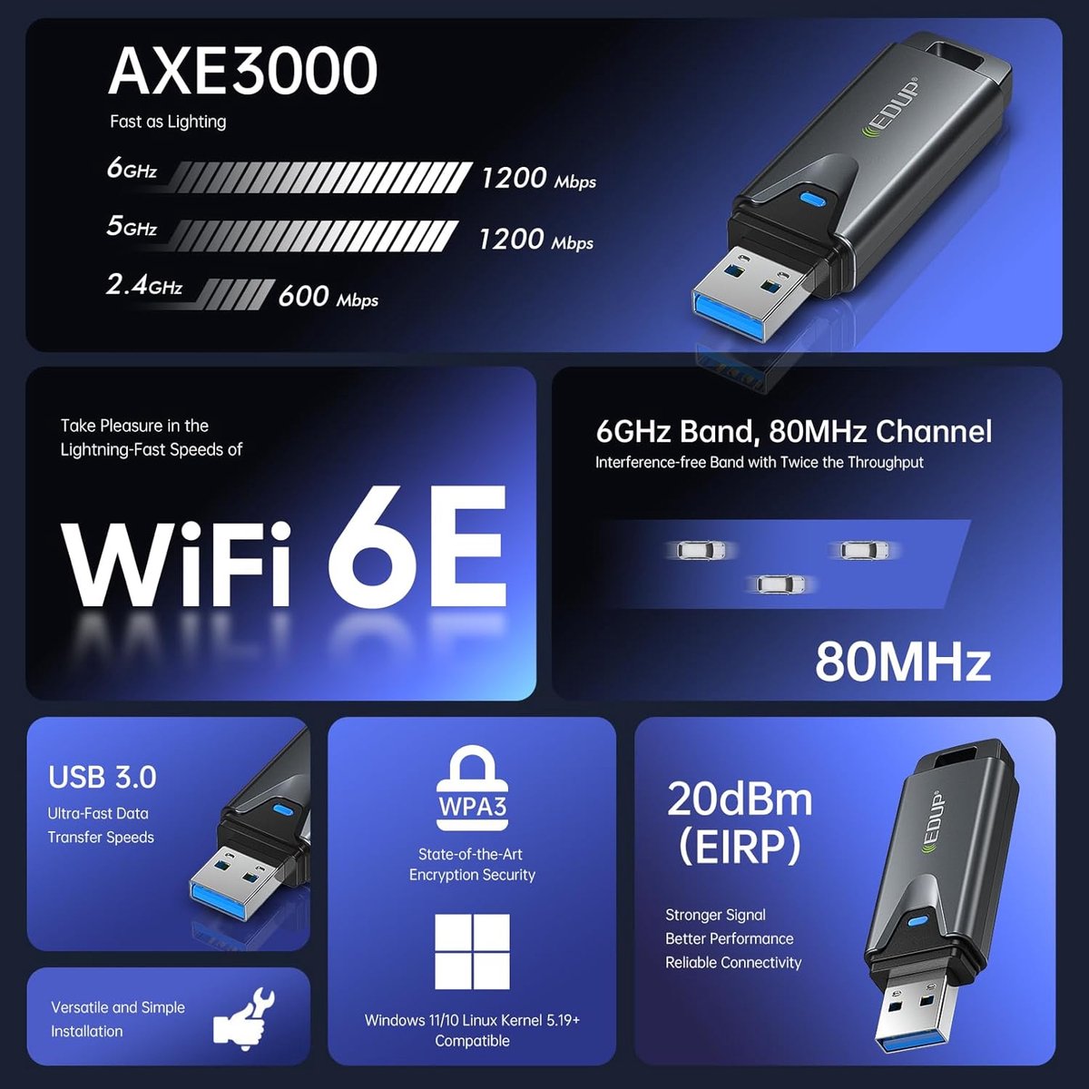 Edup Ep-Ax1678 Usb Wifi Adapter - Wifi 6E 3000 Mbps - Tri-Band 2.4/5/6 Ghz - - afbeelding 9