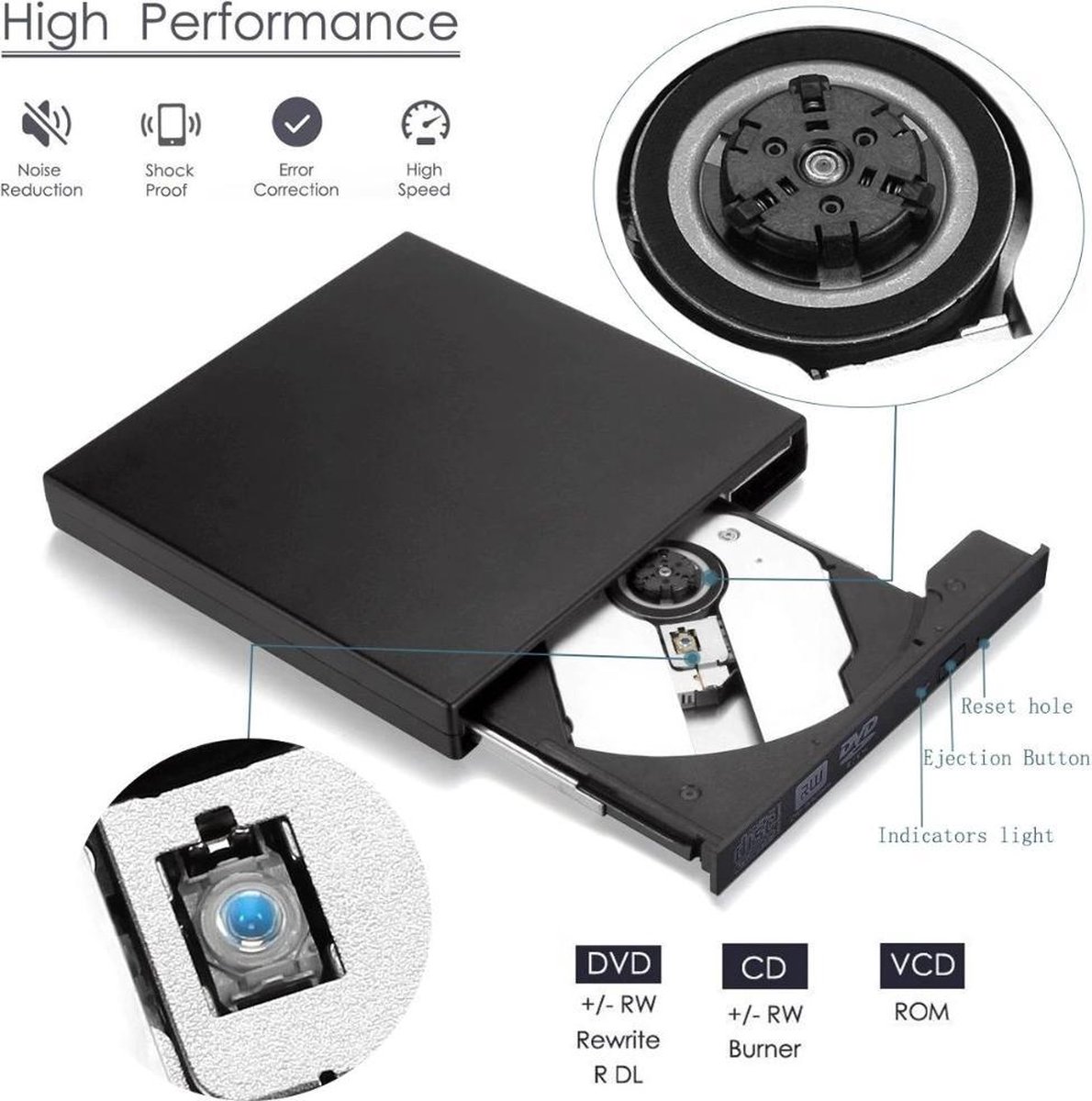 Drphone Usb 2.0 Slim Portable Optical Drive – Cd / Dvd-Rw – Dvd-Rom – Brander – optisch station - afbeelding 4