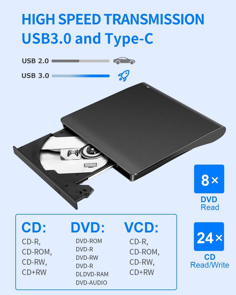 Extern Cd- Dvd-Station, External Cd-R/Rw Drive Brander Usb 3.0 En Type-C, optisch station - afbeelding 6