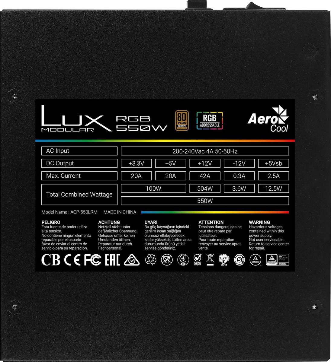Lux RGB 550M 550W 80 Plus Bronze Semi-Modular Power Supply - afbeelding 5