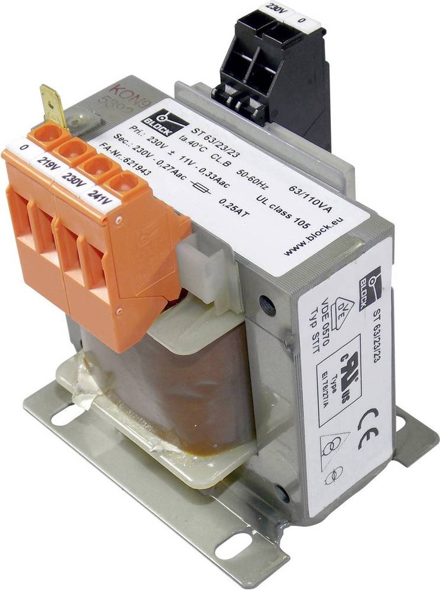 BLOCK Block St 63/23/23 Stuurtransformator, Scheidingstransformator, Veiligheidstransformator 1 X 219 V/Ac, 230 V/Ac, 241 V/A