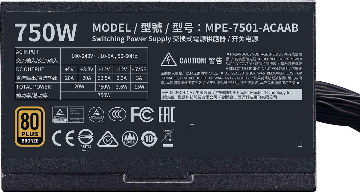 Cooler Master Mwe 750 Bronze 230V V2 - 750 Watt 80 Plus Bronze Pc Voeding - afbeelding 3