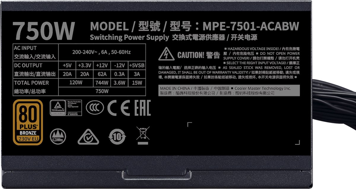 Cooler Master Mwe 750 Bronze V2 230Ve Voeding - Psu - 750W - Cybenetics Eta - afbeelding 7