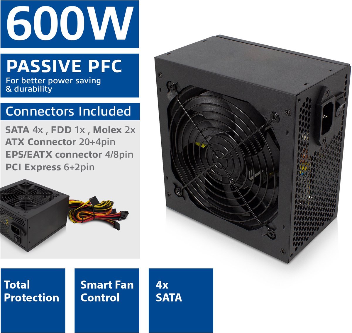 Eminent Em3908 | 600 Watt Atx Voeding | 20+4 Pins | Actieve Koeling | Zwart - afbeelding 3