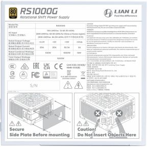 Lian Li RS1000G Rotational Shift 1000W 80 Plus Gold Fully Modular ATX Power Supply - afbeelding 8