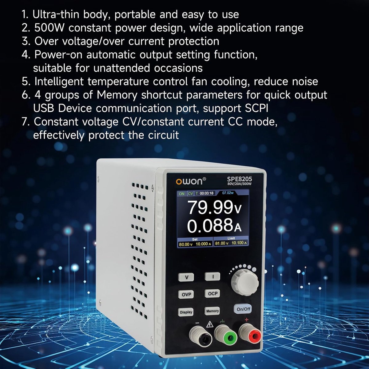 OWON SPE8205 Programmeerbare DC Laboratoriumvoeding 80V 20A 500W - afbeelding 3