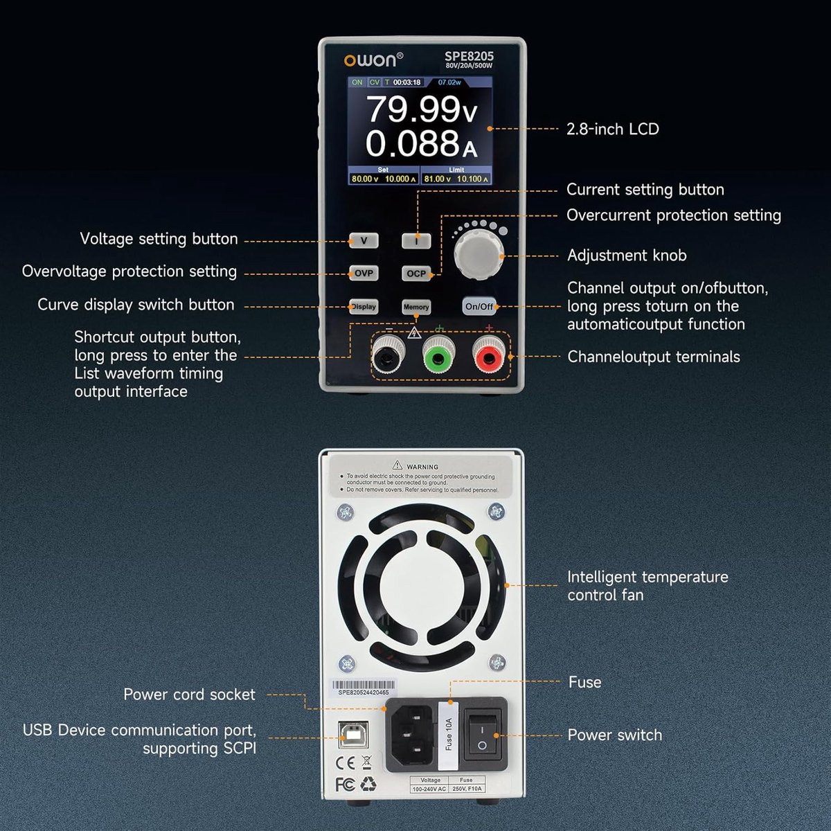 OWON SPE8205 Programmeerbare DC Laboratoriumvoeding 80V 20A 500W - afbeelding 4