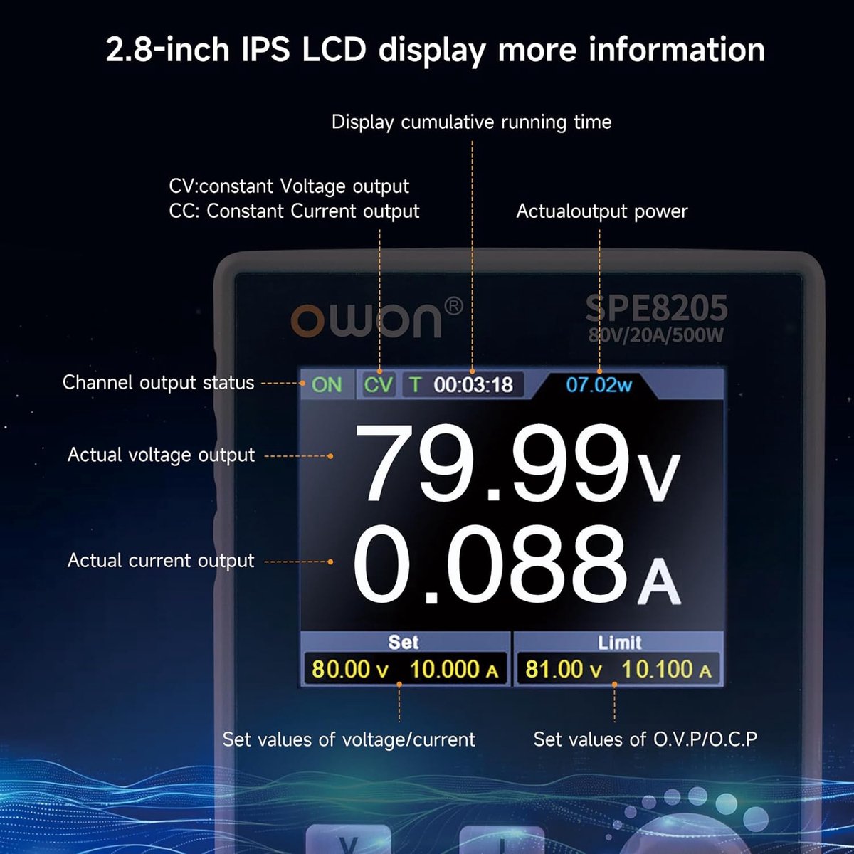 OWON SPE8205 Programmeerbare DC Laboratoriumvoeding 80V 20A 500W - afbeelding 5