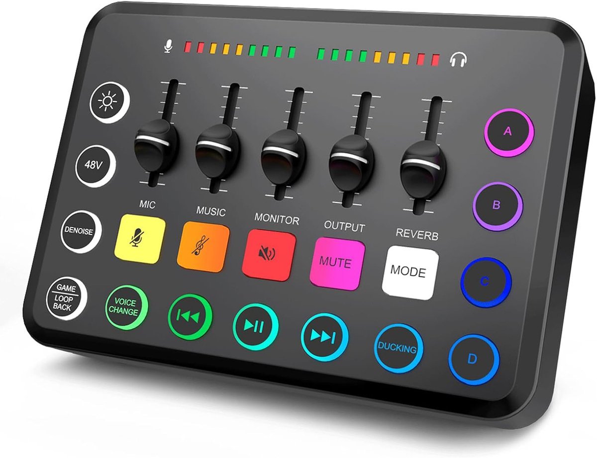 Geluidskaart Geluidskaart Met Realtime Ruisonderdrukking Met Één Druk Op De Knop, Intelligente Basfiltering En Levendige Rgb-Verlichtingseffecten, Usb-Opladen, Compatibel Met Mobiele Telefoons/Computers - Zwart