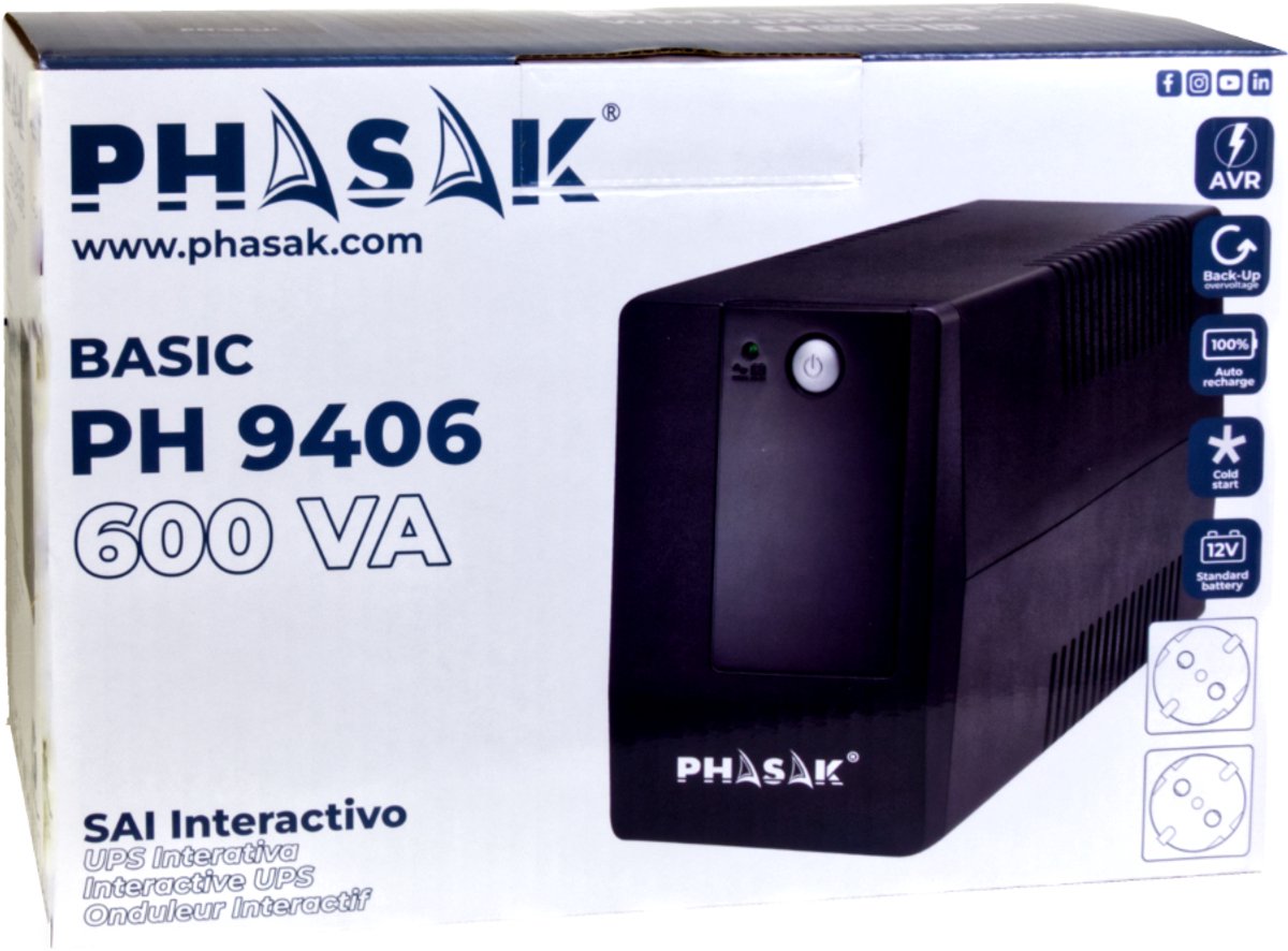 Phasak Basic Ups Line-Interactive 0,6 Kva 360 W 2 Ac-Uitgang(En) - afbeelding 4