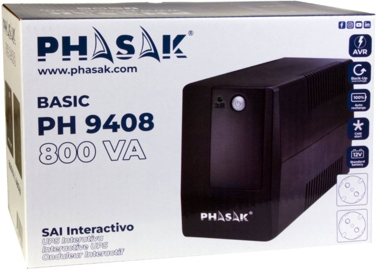 Phasak Basic Ups Line-Interactive 0,8 Kva 480 W 2 Ac-Uitgang(En) - afbeelding 4