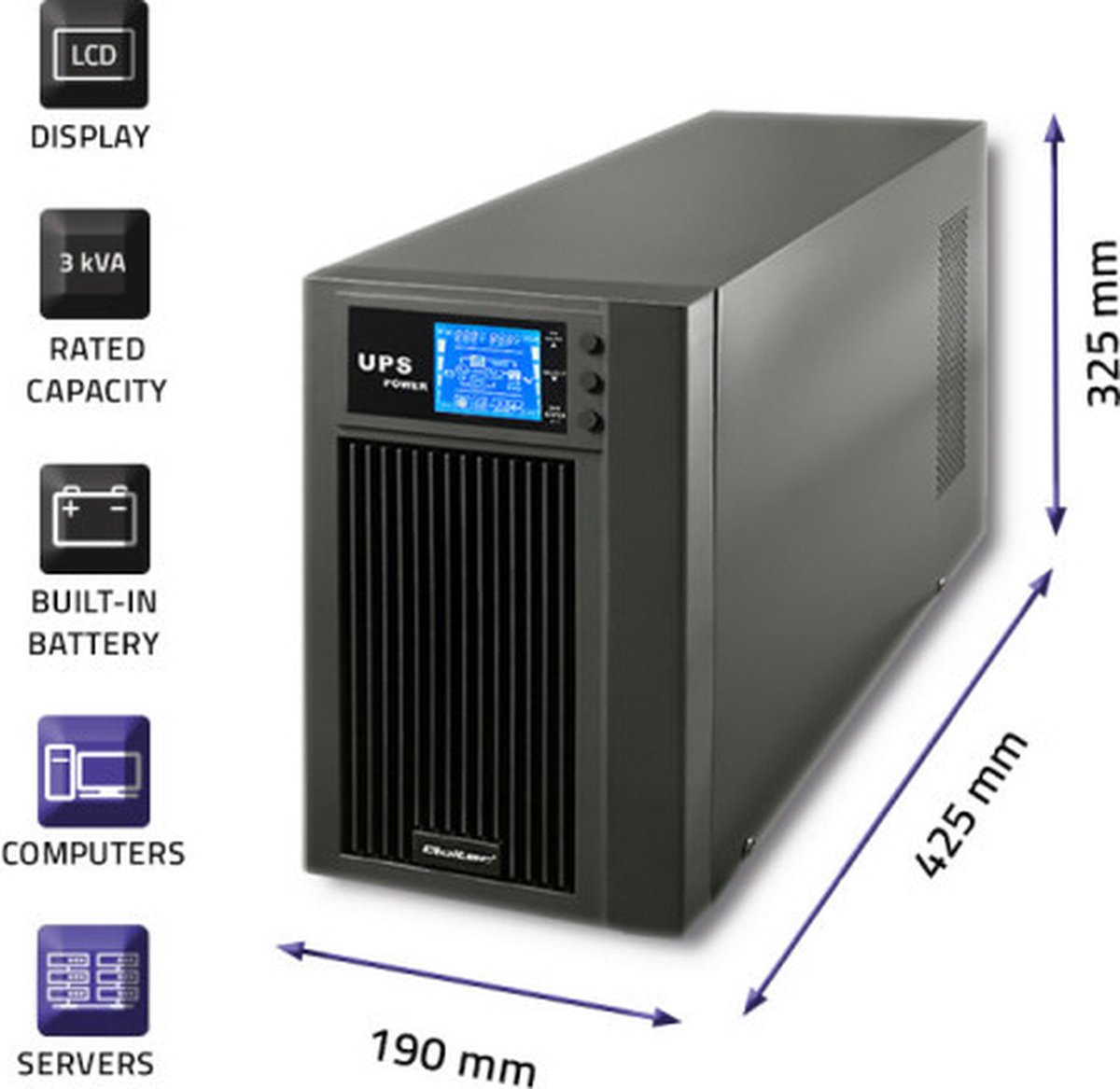 On-line UPS 3kVA 2.4kW Pure Sine Wave LCD USB - afbeelding 3