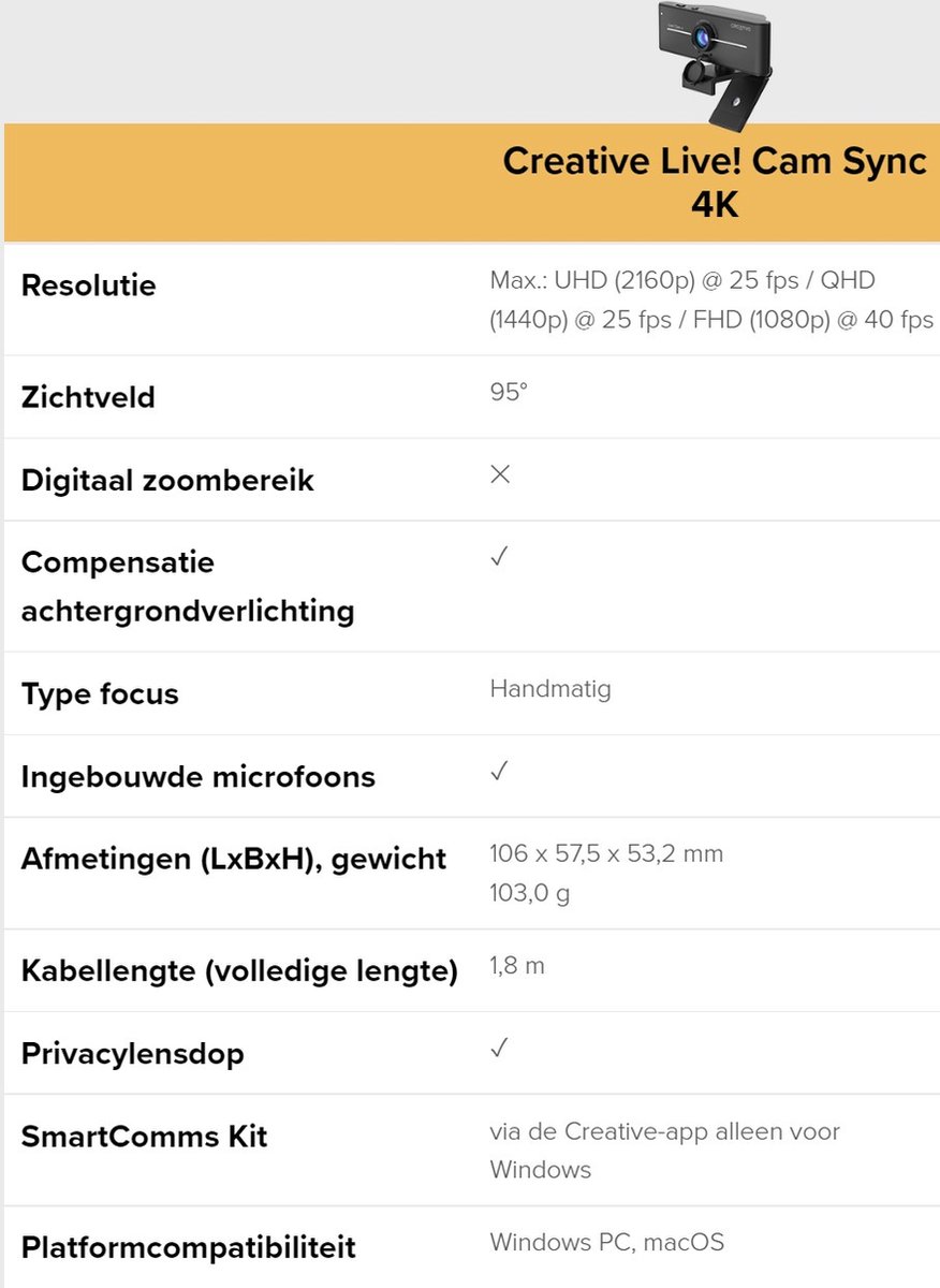Creative Live! Cam Sync 4K - 4K Uhd Webcam Met Compensatie Van - afbeelding 6