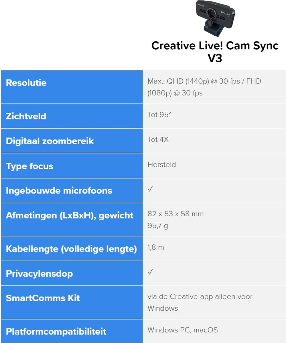 Creative Live! Cam Sync V3 - 2K Qhd Webcam Met 4X Digitale Zoom En Ingebouwde - afbeelding 3