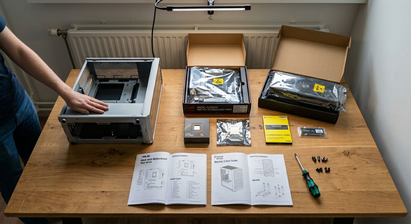 Werkplek klaargelegd voor PC-montage — behuizing, moederbord, GPU, RAM en kruiskopschroevendraaier