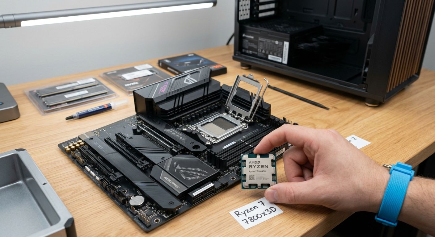 Ryzen 7 7800X3D klaar om in geopende AM5-socket op ASUS ROG Strix te plaatsen