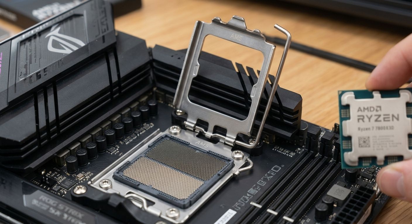 AM5-socket geopend op ASUS ROG Strix moederbord — load plate en retentie-arm omhoog